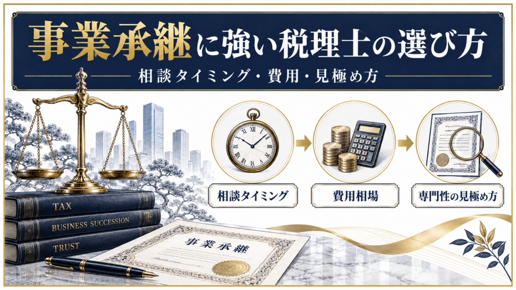 事業承継に強い税理士を選ぶ3つの軸を示す図解