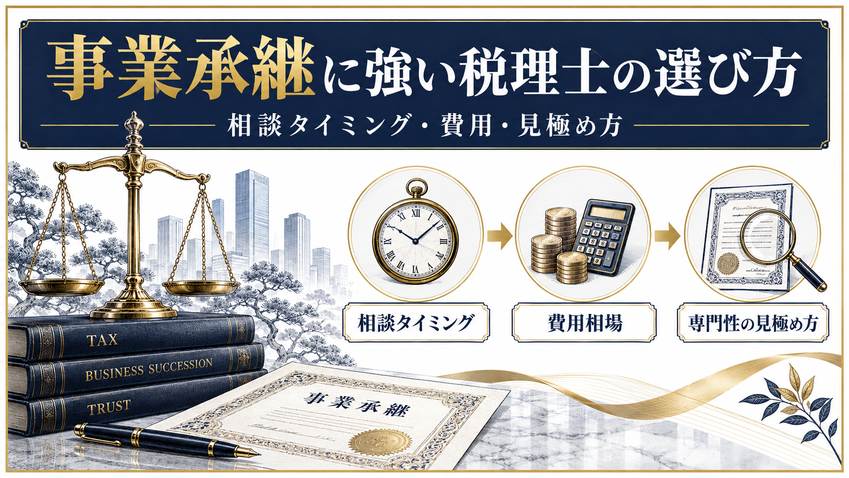 事業承継に強い税理士を選ぶ3つの軸を示す図解