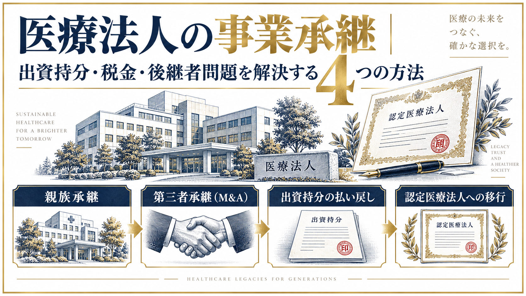 医療法人の事業承継の全体像と4つの方法を示す図解