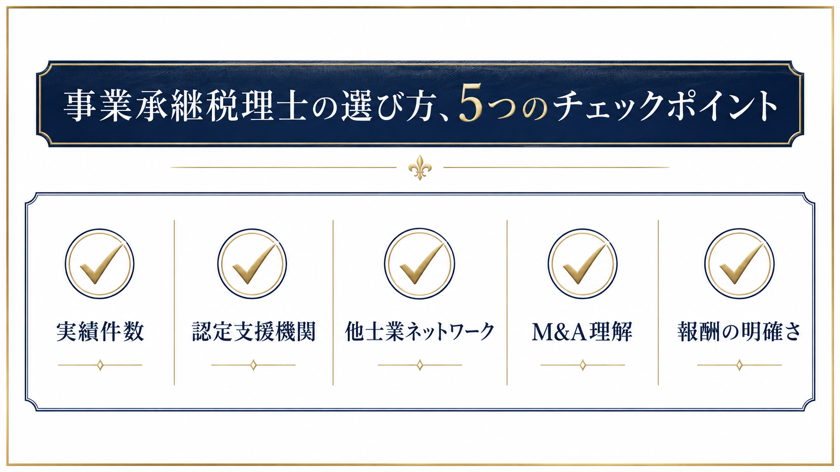 事業承継税理士を選ぶ5つのチェックポイントを示すチェックリスト図