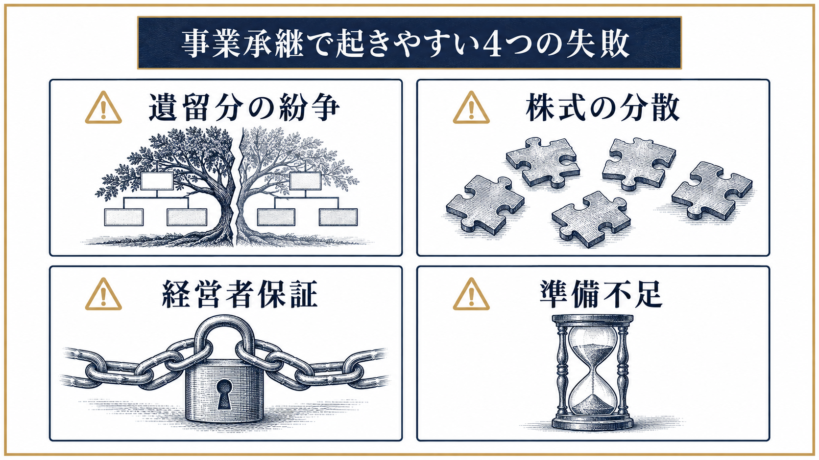 事業承継で起きやすい4つの失敗とトラブルを示すチェック図