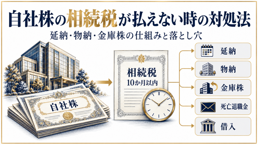 自社株の相続税が払えない時の対処法として延納・物納・金庫株などの選択肢を示す図解