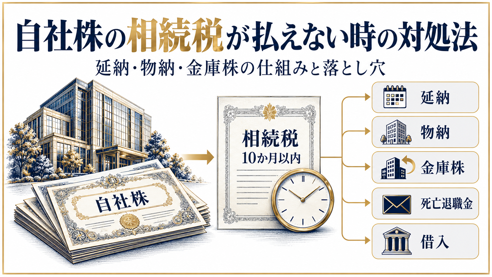 自社株の相続税が払えない時の対処法として延納・物納・金庫株などの選択肢を示す図解