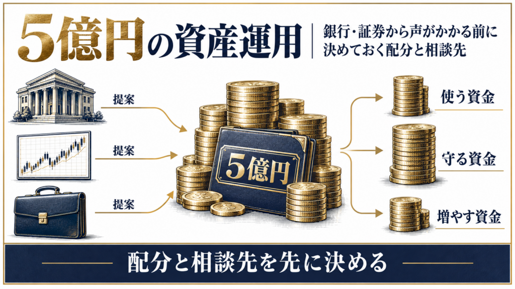 5億円の資産運用で手数料・税金・相続による目減りと資金の配分を示す図解