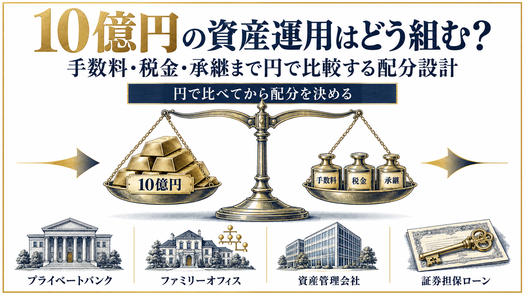 10億円の資産運用で手数料・税金・承継のコストを円で比較し配分を設計する図解