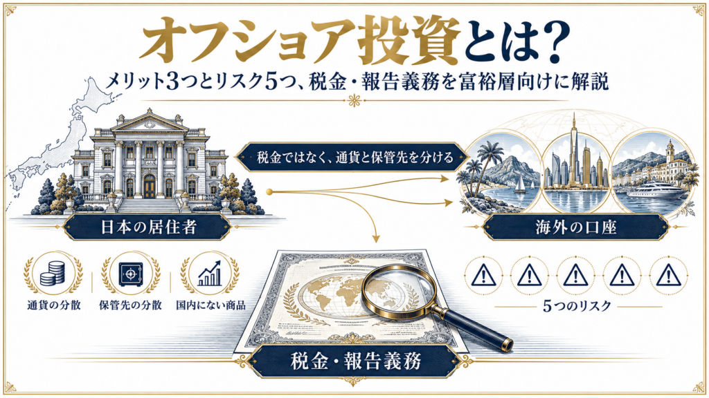 オフショア投資のメリット3つとリスク5つ、税金と報告義務を示す図解