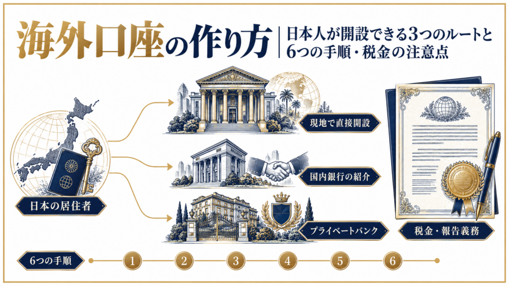 海外口座の作り方を3つのルートと6つの手順、税金の注意点で示す図解