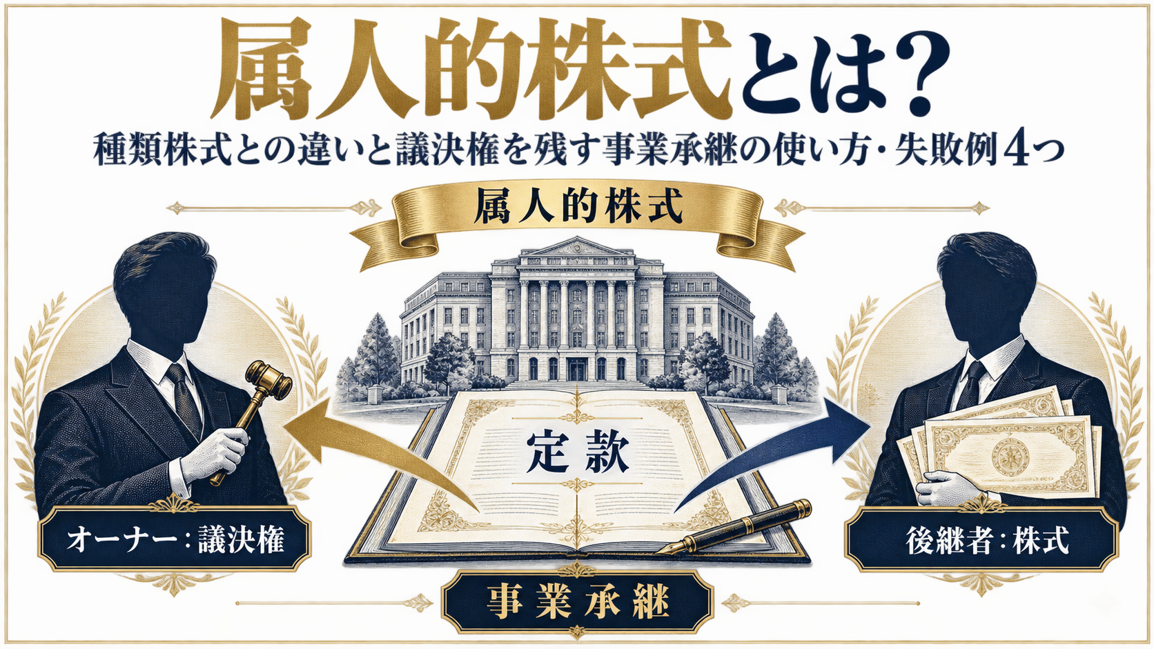 属人的株式で議決権をオーナーに残し株式の財産価値を後継者に渡す仕組みの図解