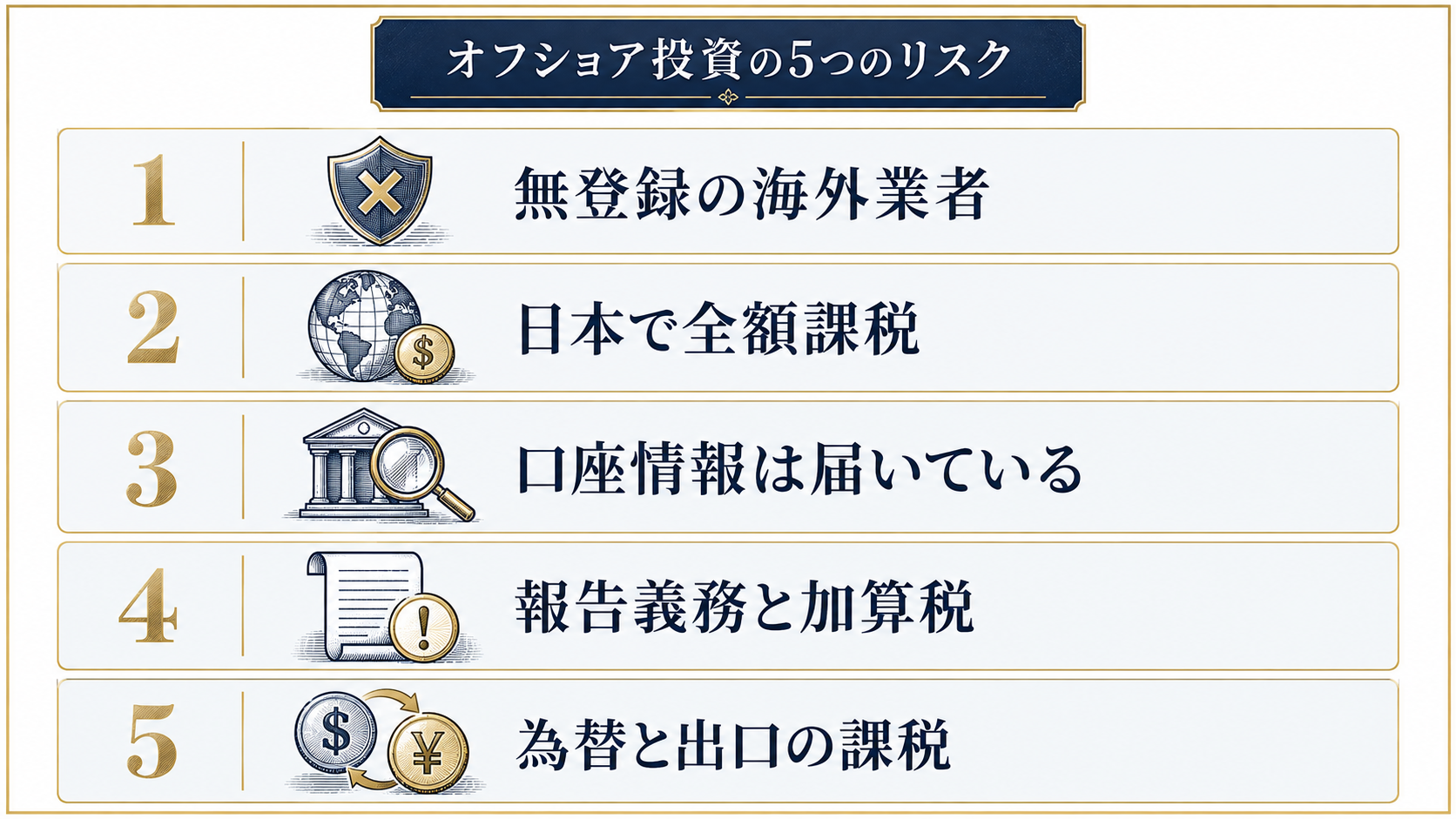 オフショア投資の5つのリスクを示す図解