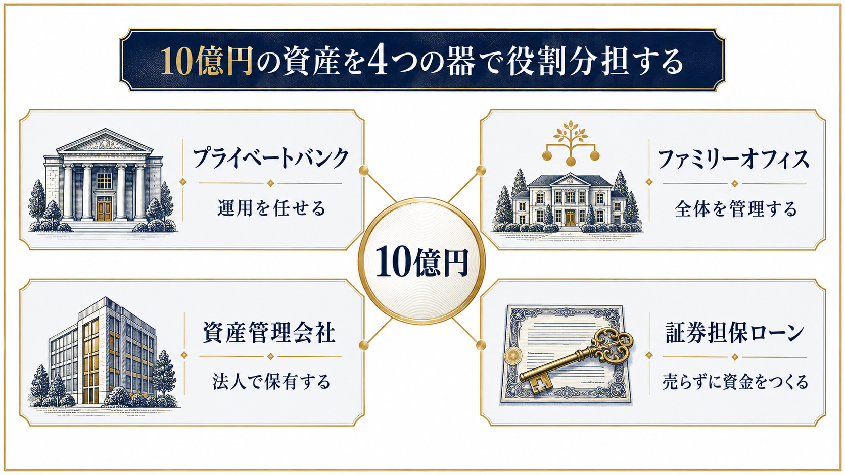 10億円の資産運用でプライベートバンク・ファミリーオフィス・資産管理会社・証券担保ローンの役割分担を示す図解