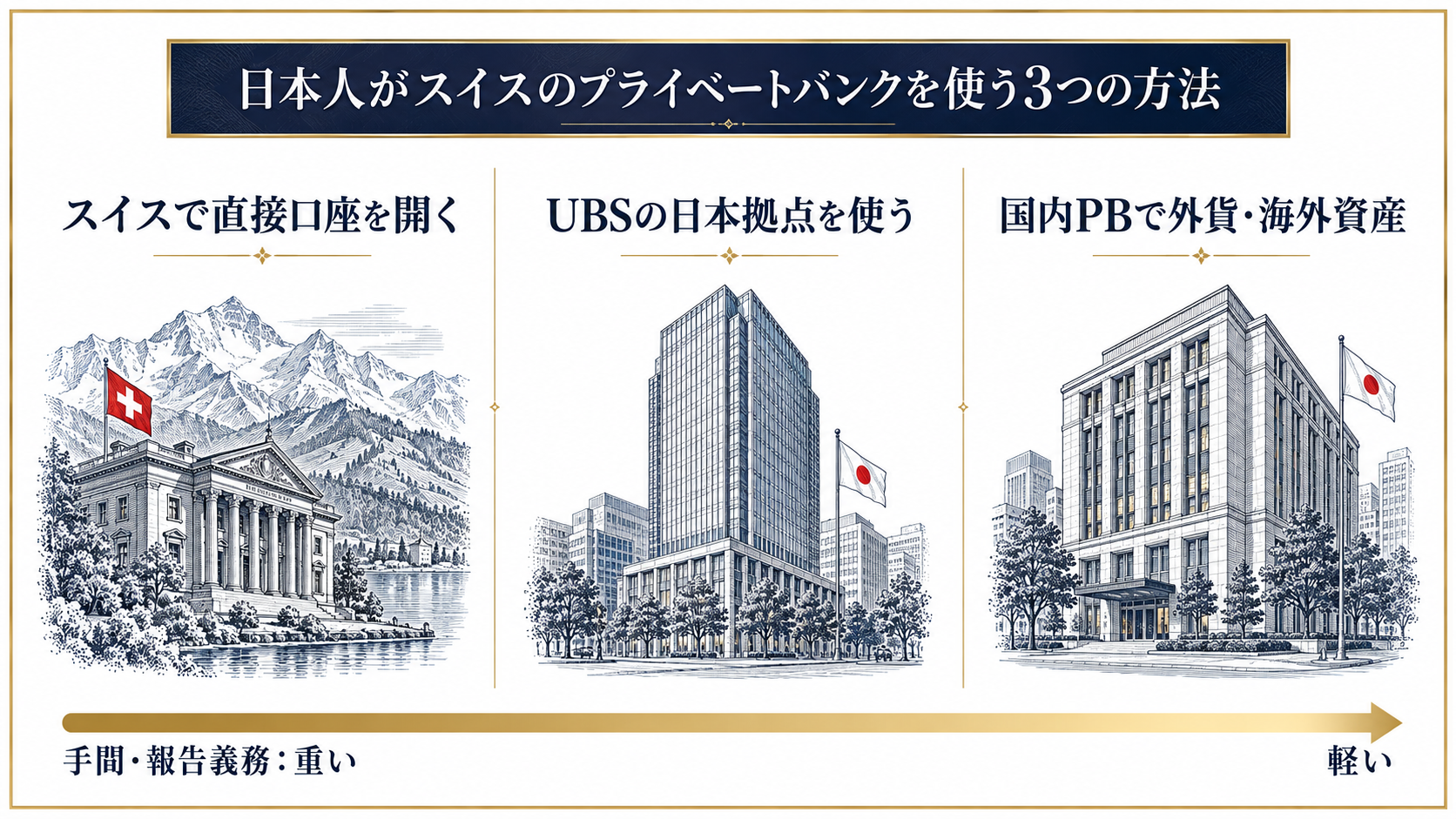 日本人がスイスのプライベートバンクを使う3つの方法を比較した図解