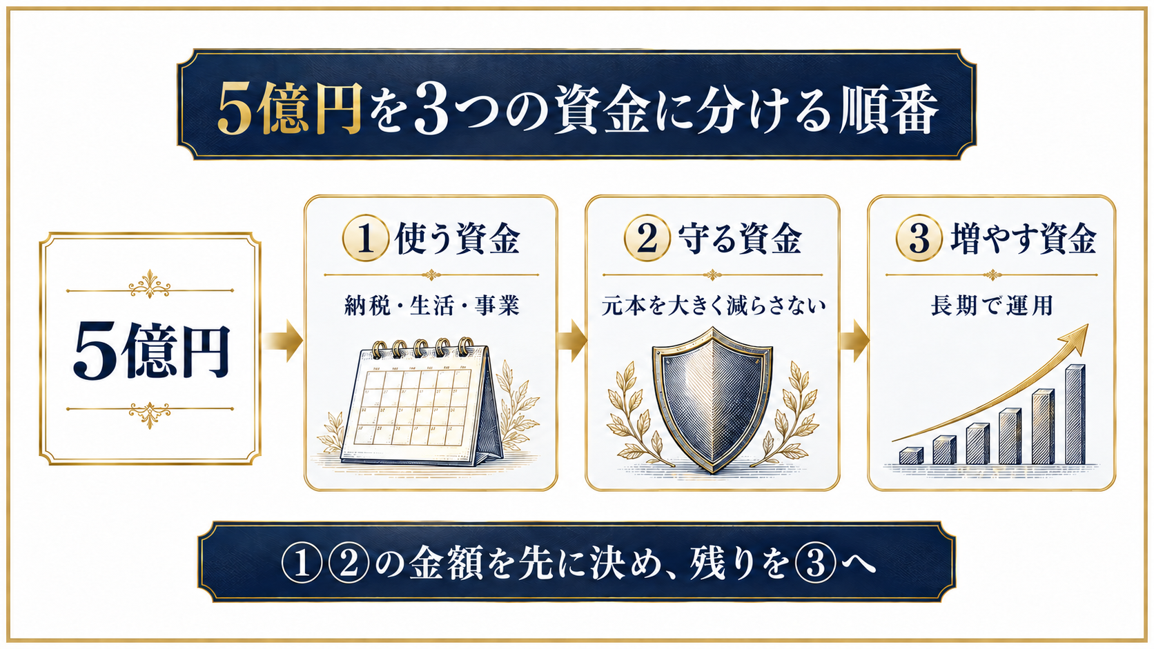 5億円の資産運用で資金を使う資金・守る資金・増やす資金に分ける配分の考え方を示す図解