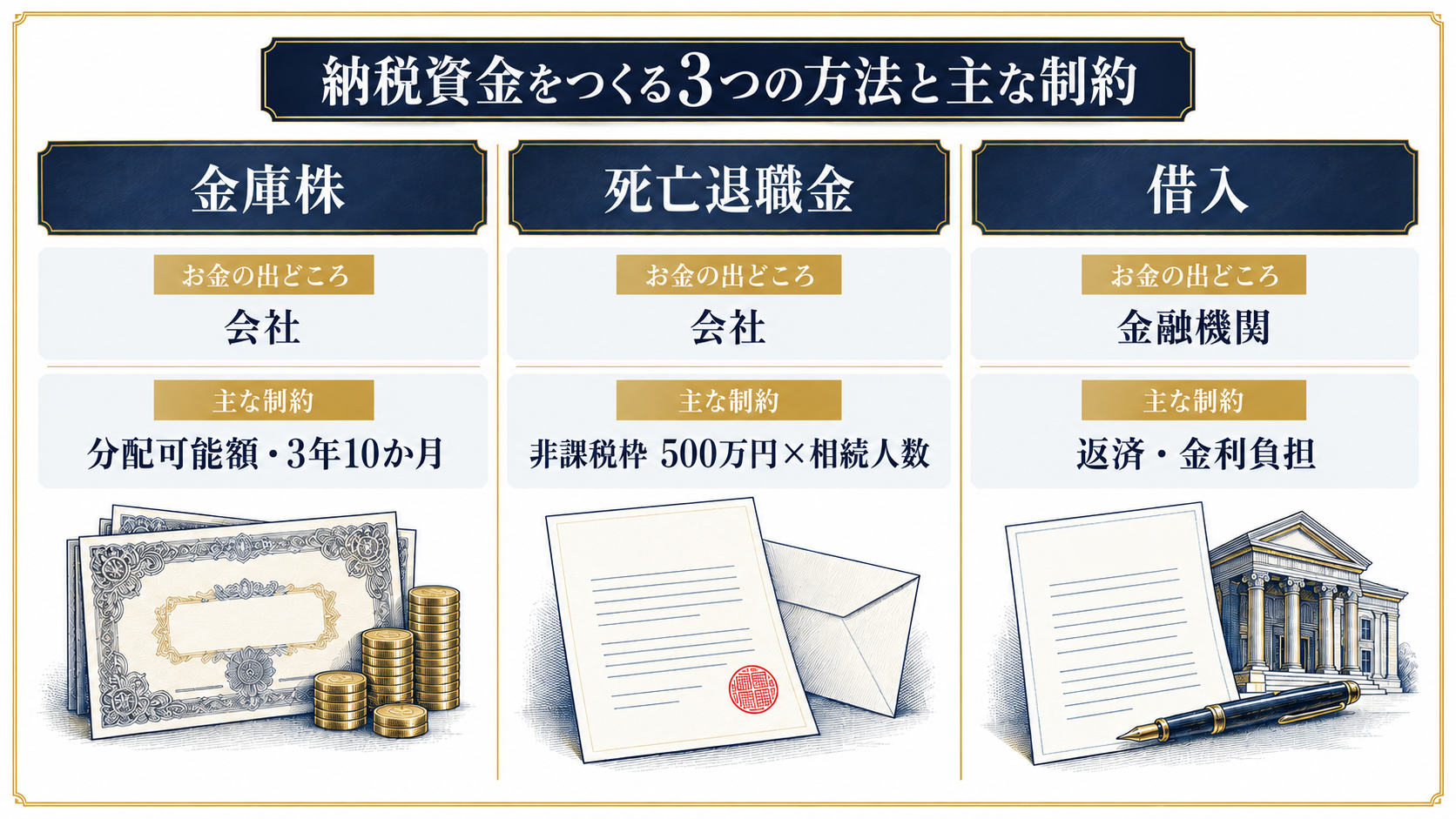 自社株の相続税の納税資金をつくる金庫株・死亡退職金・借入の3つの方法を比較した図解