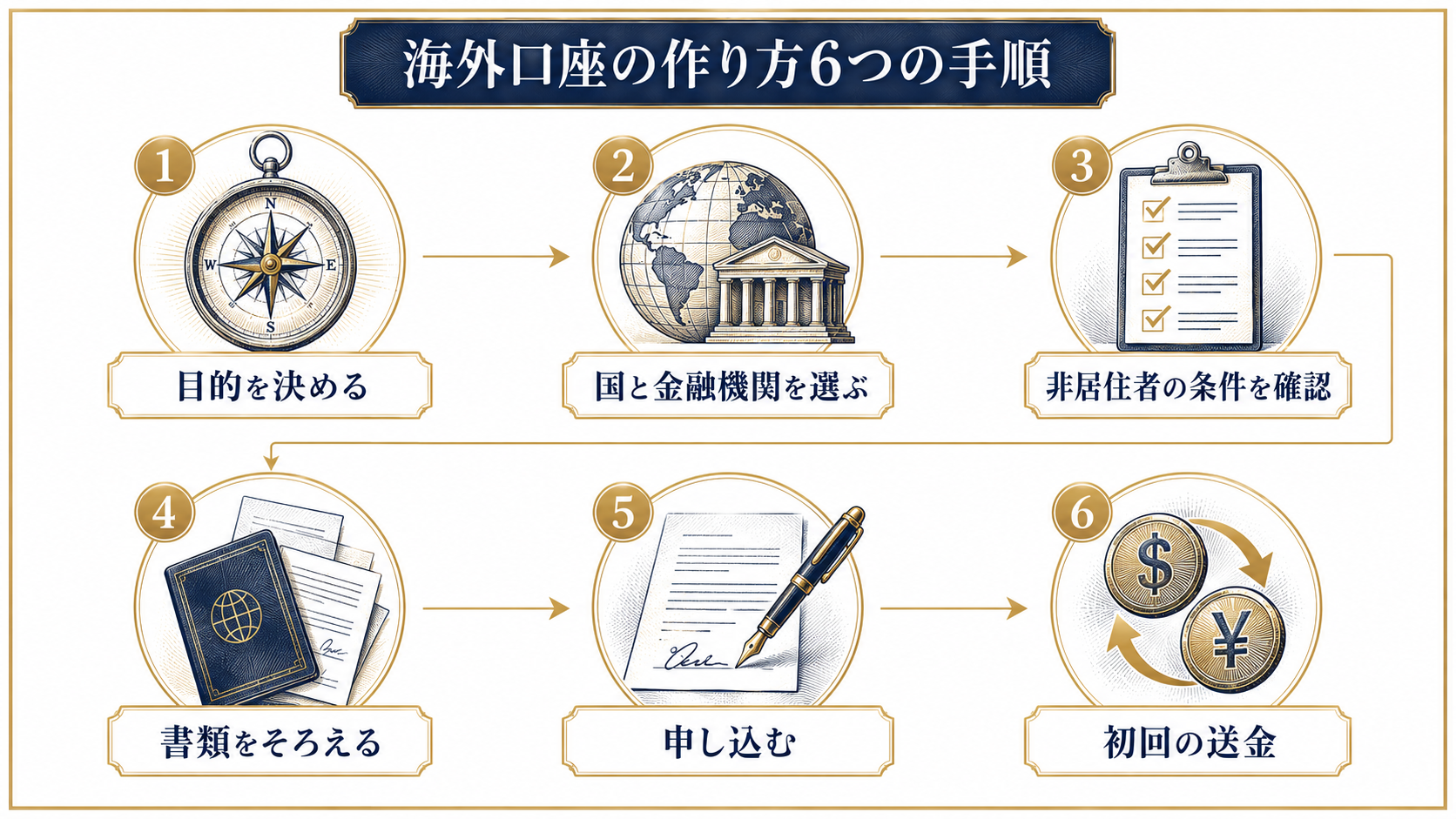 海外口座の作り方6つの手順を示すフロー図